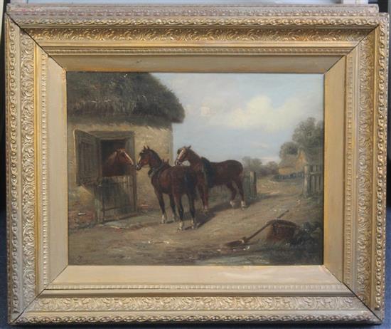 Thomas Smythe (1825-1907) Loading a haycart and horses beside a stable, 13 x 17in.